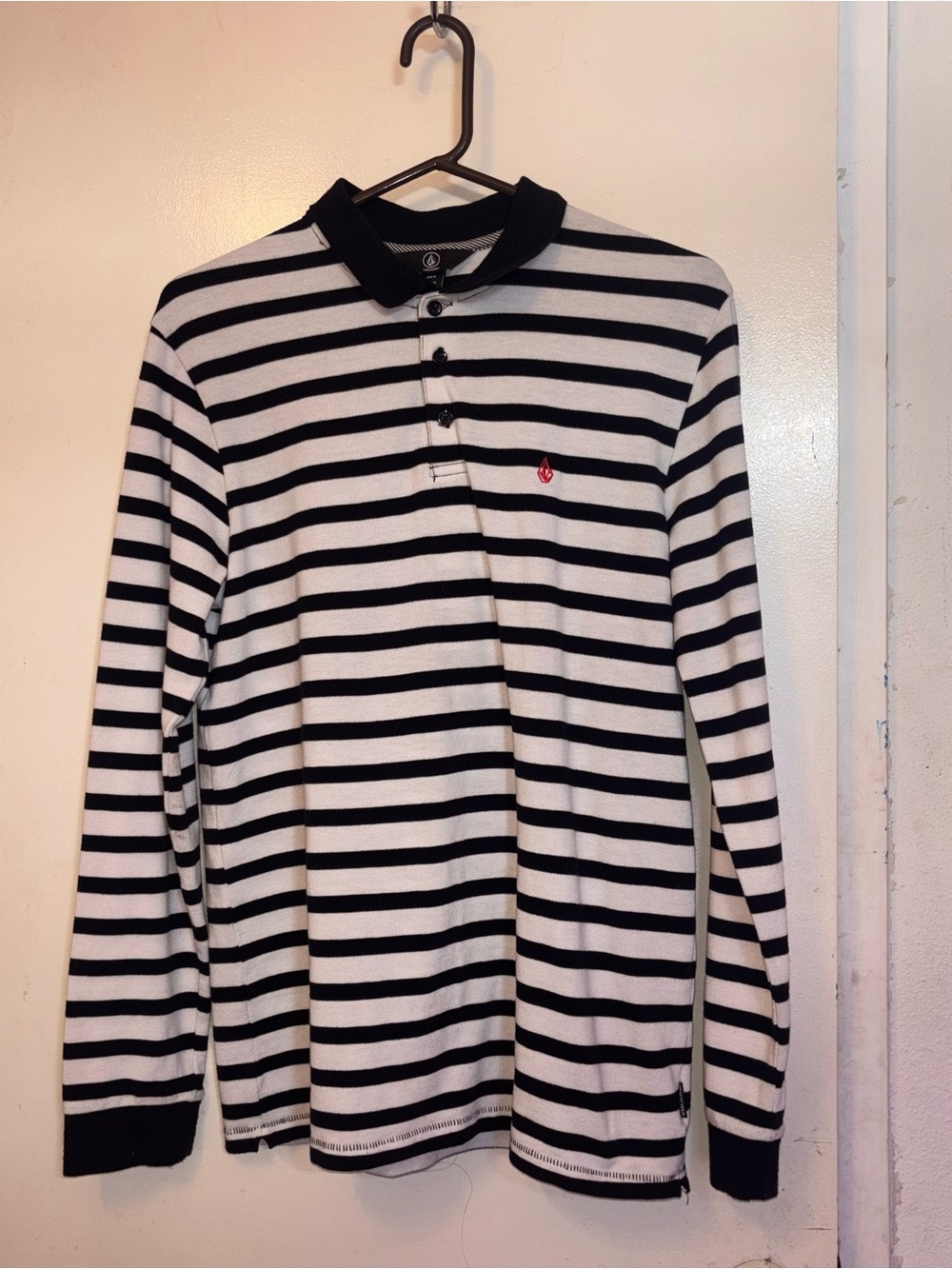 Volcom Black & White Striped Long-Sleeve Polo